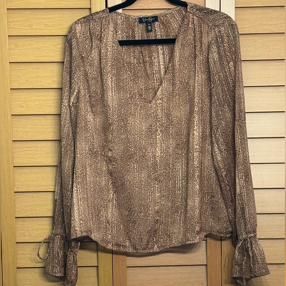 Jessica Simpson Brown V-Neck Long Animal Print Ruffle Sleeve Blouse XL